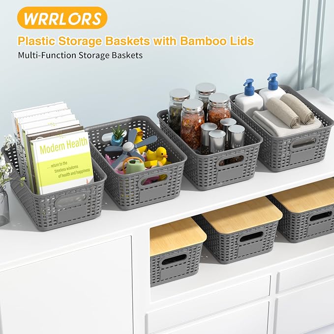 6 Pack Plastic Storage Baskets,Gray bamboo lid storage Box | Labels, Stackable, For Organizing Shelves Pantry Drawers Desktop Closets Organizing Desktop Closet Playroom Classroom