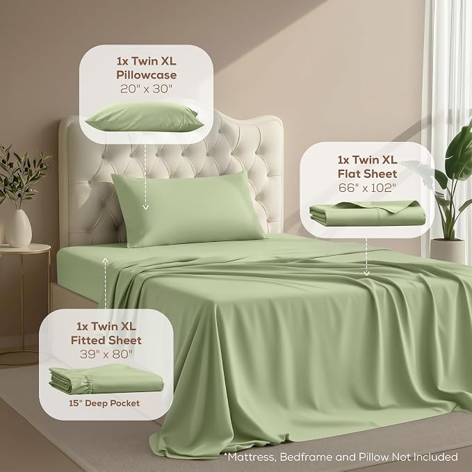 Twin XL Sheets Set, 3 Pieces 16" Deep Pocket Hotel Luxury Bed Sheets, Sage | Extra Soft Bedsheet Set, Comfy & Breathable Cooling Sheets, Wrinkle & Fade Resistant, Fitted Sheet, Flat Sheet, 1 Pillowcase
