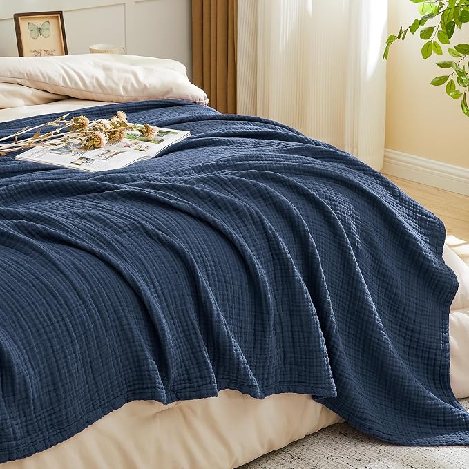 EMME Cotton Muslin Throw Blanket 4 Layer for Adults, Lightweight Breathable Gauze Blanket, Soft All Season Couch Blanket for Couch Bed Travel (Navy, 50"x60")