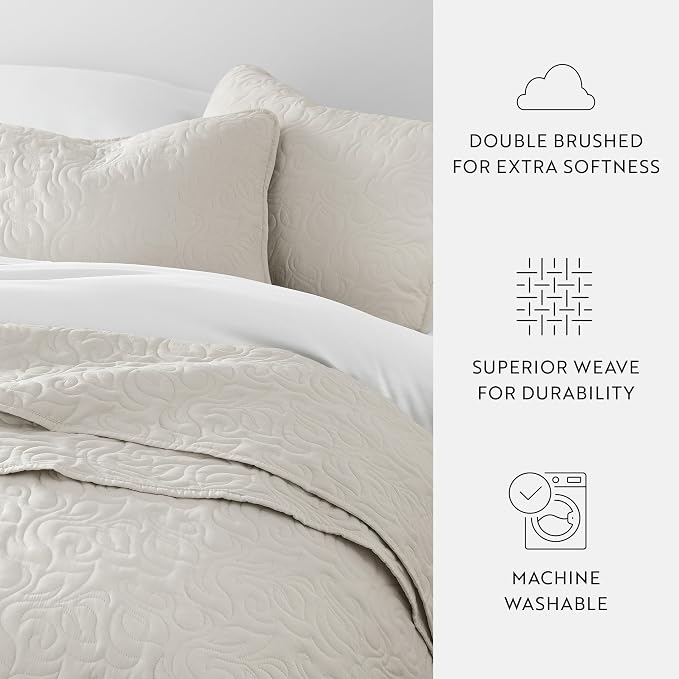 Merit Linens Modern Quilt Coverlet Soft Set in Floral Stitching - King/Cal-King Natural