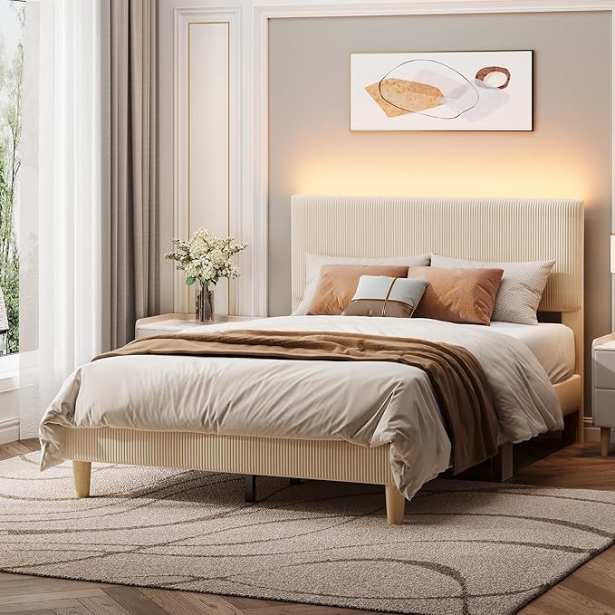 Bestier Full Bed Frame with Adjustable Headboard,LED Light,Beige | LED Lighting Headboard,Easy Assembly,No Squeaks,Vertical Channel Corduroy Upholstered,Wood Slats Support,No Box Spring Needed