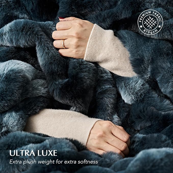 EverGrace Faux Rabbit Fur Bubble Throw Blanket, 60"x80", Marble Deep Indigo | Ultra Soft, Luxury Faux Rabbit Fur Throw, Thick Warm Bubble Blanket, Cozy Fluffy Reversible, for Bed, Couch, Chair, Sofa