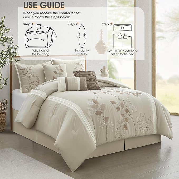 Beige King Comforter Set, 7 Pieces Bed in a Bag, Elegant Floral Leaves Embroidery, Soft and Lightweight All Seasons Bedding Set, Bedskirt, Pillow Shams, Decor Pillows