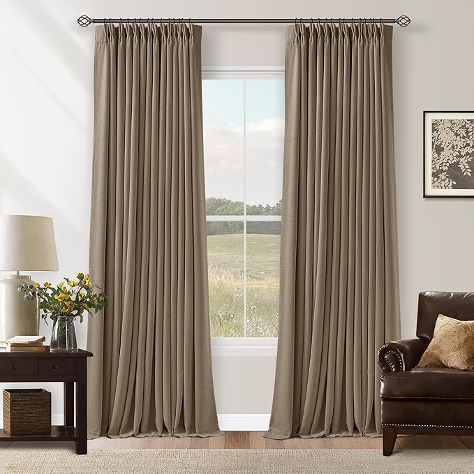 Light Brown 100% Blackout Linen 100 Inch Bedroom Curtains 2 Panels, Latte | Pinch Pleated, Linen, Thermal Insulated Heavy Curtains 40 x 100 Inches Length, Sliding Glass Door, Room Darkening Drapes