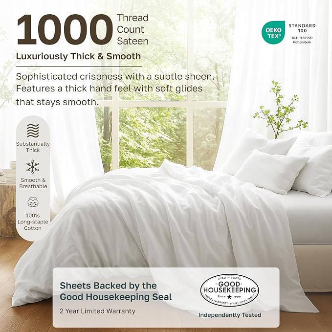 California Design Den Luxury 1000 Thread Count Cotton Sheets King, 4 Pc Set | Backed by Good Housekeeping Seal - 100% Cotton Sateen - Soft, Thick & Heavy, 16" Deep Pocket, Durable - Beige (Sand Tone)
