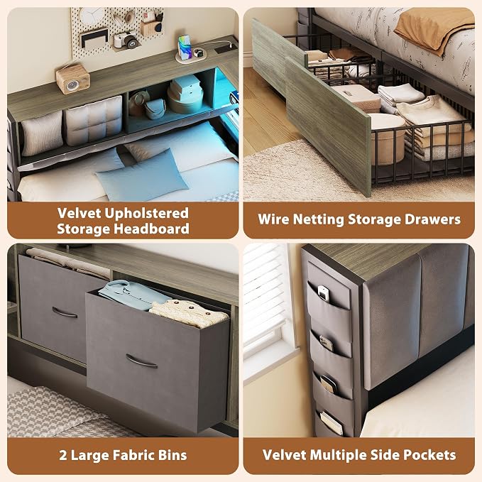 MapleGrace Full Corner Bed Frame with Upholstered Storage Headboard and Drawers, Metal Platform Bed Frame with LED Light and Charging Station, Full Daybed for Living Room, Bedroom & Guest Room, Gray