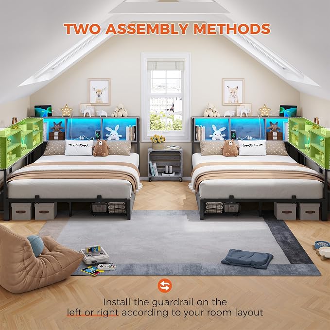 DICTAC Corner Full Bed Frame with Bookcase Storage and Led Lights Metal Platform Bed Frame with 2 Drawers & Charging Station Full Size Daybed with Storage for Living Room,Bedroom,Guest Room,Oak Gray