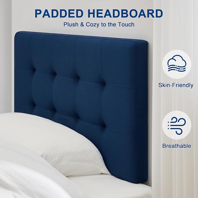Linen Stitched Tufted Twin Headboard, Adjustable Height 37.2-46 in, Blue | Wood Twin Headboard Only, Padded Support for Reading, Relaxing or Working in Bed, Stable Non-Slip Design, Fits Bed Frame