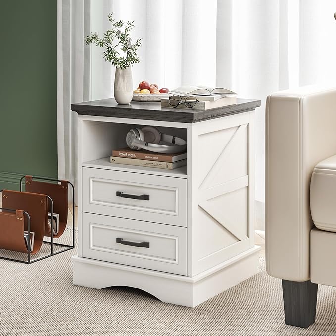 Fluest 24" Tall Farmhouse Nightstand, Night Stand with Fast Charging Station, Beside Tables with Drawers and Open Storage, Rustic End Tables for Bedroom, Antique White