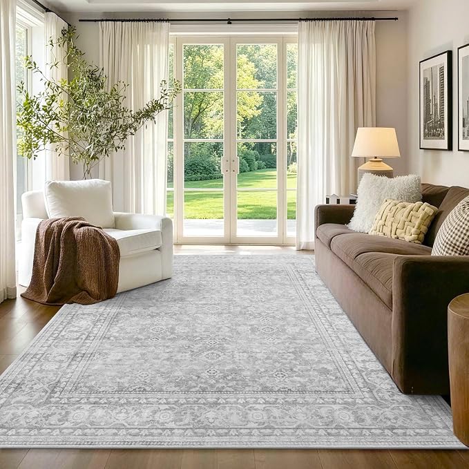 5x7 Ft Area Rugs for Living Room, Soft Non-Slip Machine Washable Rug, Vintage Stain Resistant Carpets for Bedroom Nursery Dining Room Home Decor (Grey)