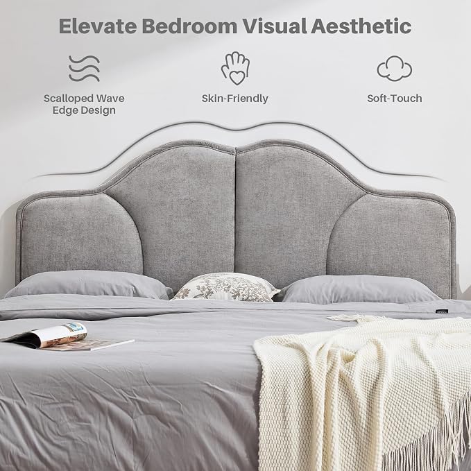 King Size Headboard Only Upgraded One-Piece Upholstered Headboards | Adjustable Height&Width, California King Bed Headboard, Modern Curved Chenille Fabric Padded Head Board, Light Gray