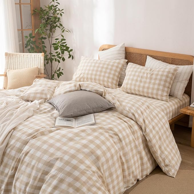 BESTOUCH Gingham Cotton Duvet Cover Set Almond Grey King | Washed Cotton, Linen Feel, Soft Wrinkle Texture, Hidden Zipper, 8 Ties, Breathable Lightweight Durable Comfy, 3 Pcs No Insert