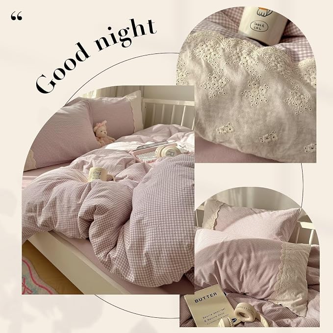 mixinni Purple White Gingham Duvet Cover Twin XL Size - 3 Piece Cottagecore Plaid Bedding Set with Lace Trim, Soft Washed Microfiber Vintage Aesthetic Grid Comforter Cover & Pillow Shams