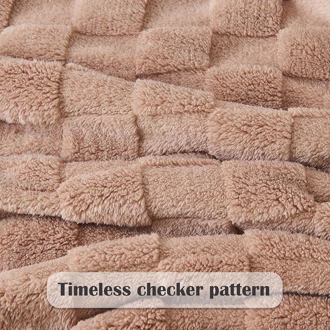 NEWCOSPLAY 3D Checkered Flannel Queen Blanket, Taupe Checkered, 90"x90" | Super Soft Cute Lightweight Decorative Premium Silky Fleece Blanket for Couch Sofa Bed, Gift for Women Men, All Season Use