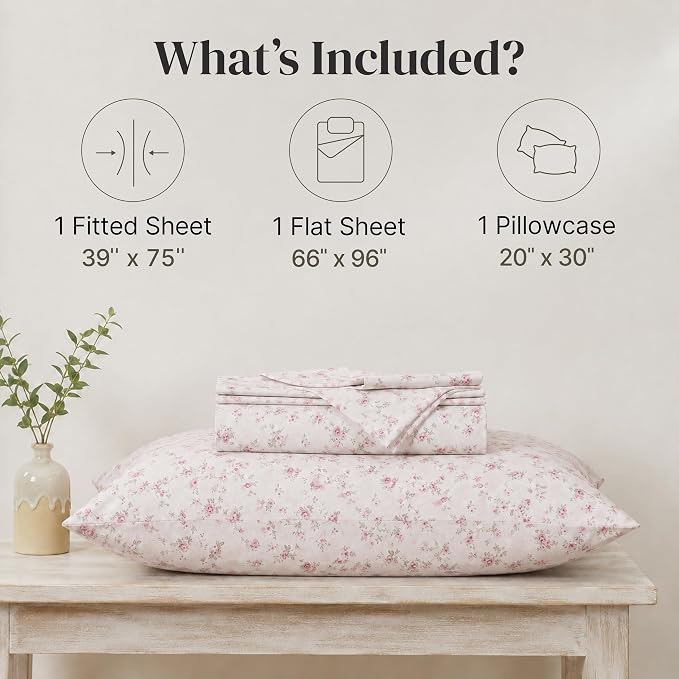 Modern Threads Printed 3-Piece Extra Soft Bedding Sheets & Pillowcase Set, Deep Pocket up to 16 inch Mattress Kashmir Rose Twin