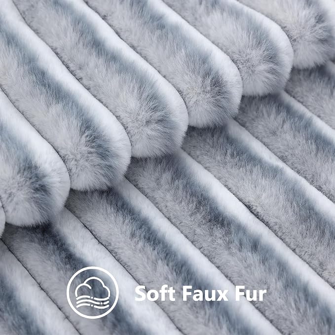 decorUhome Fall Faux Fur Throw Pillow Covers 20x20 Set of 2 Grey White | Decorative Soft Cozy Striped Plush Modern Farmhouse Boho Couch Pillow Cases Velvet Back for Sofa Bed Living Room Home Decor