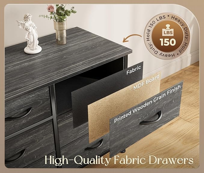 Huuger 77.6" Long Dresser for Bedroom, 16 Drawer Fabric Dresser for Closet, Wide Chest of Drawers with Storage, TV Stand for 65, 75, 85 Inch TV, 77.6" W x 13" D x 26.4" H, Charcoal Black