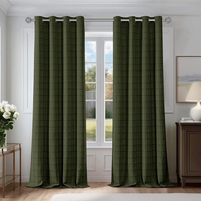 Beauoop Green Plaid Jacquard Blackout Curtains for Bedroom 52x90 2 Panels | Gingham Checkered Room Darkening Drapes for Living Room 90 Inch Long Thermal Insulated Soundproof Window treatment Grommet