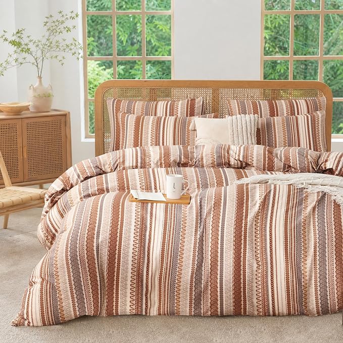 Striped Queen Comforter Set Boho Soft 3 Pieces Chic Vintage Boho Print Bohemian Comforter for All Seasons Luxury Warmth Comfy Breathable with 2 Pillowcases