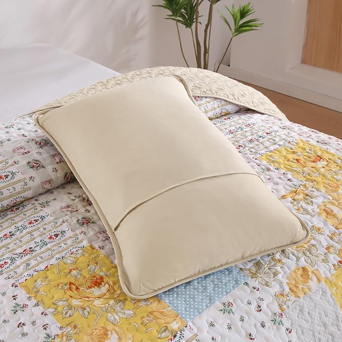 Yellow Patchwork Quilt Set King Size, Rose Floral Plaid Bedspread | 3 Pcs Country Flower Coverlet Set, Soft Lighweight Farmhouse Quilt Bedding Set 3 Pieces for All Season, 110''x90''
