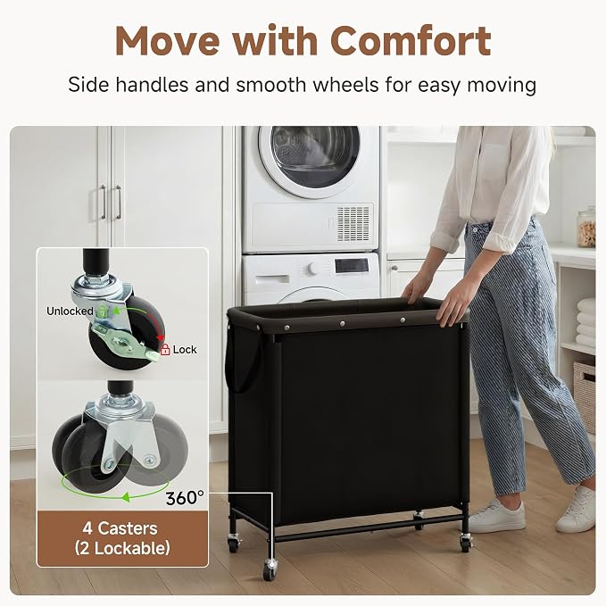 StorageWorks 3 Section Laundry Hamper, 120L Black Sorter Cart with Wheels | Black Sorter Cart, Rolling Organizer for Bedroom, Bathroom, Apartment