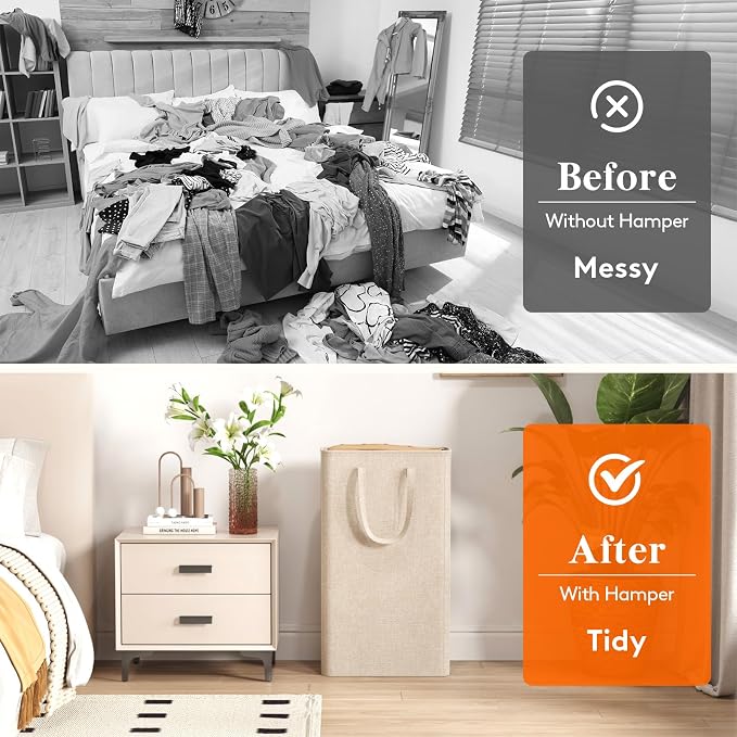 Lifewit Slim Collapsible Laundry Basket with Handles, 65L, Beige | Narrow Laundry Hamper for Dirty Clothes, Tall Thin Laundry Bin, Small Clothes Hamper for Bathroom, Bedroom, RV, Dorm