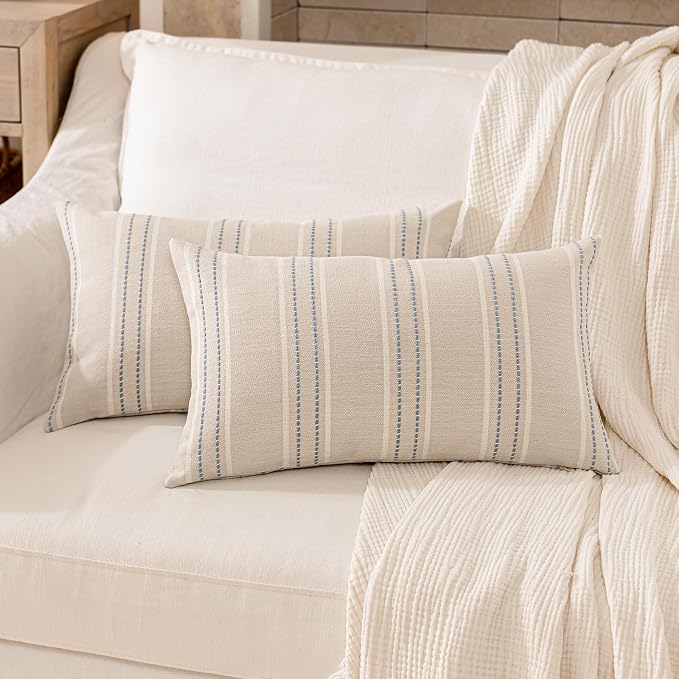 Hckot Stripe Throw Pillow Covers 12x24 Lumbar Dusty Blue Pillow Covers | Farmhouse Decorative Pillows Textured Cushion Covers for Sofa Couch Bed Living Room Decor