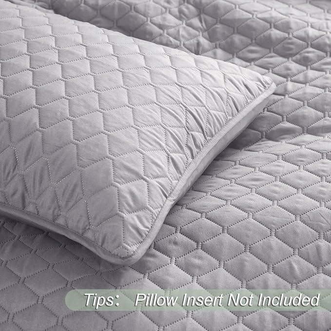 Exclusivo Mezcla Reversible Full Queen Quilt Bedding Set, Light Grey | Lightweight Bedspreads with 2 Pillow Shams, Soft Microfiber, All Season Bed Coverlets for Bedroom Guest Room, 90x96 Inch