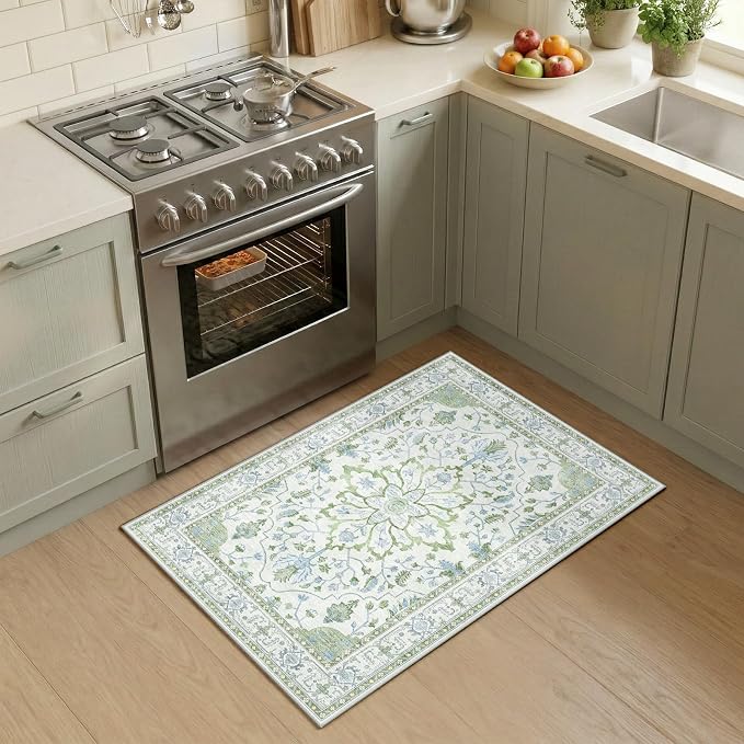 RELEANY Washable Area Rug, Small 2'x4', Green/White/Blue | Non-Slip, Water Repellent, Pet Friendly, Easy to Clean, Vintage Floral Boho Decor for Kitchen Entryway Bathroom