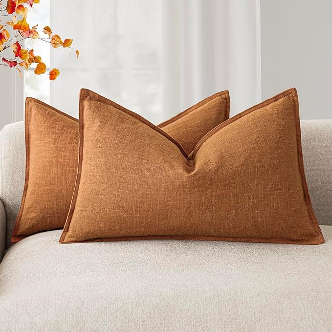 Foindtower Decorative Linen Lumbar Throw Pillow Covers 12x20 Autumn Orange | Pack of 2 Boho Farmhouse Pillowcase,Accent Neutral Solid Cushion Covers,Morden Home Decor for Couch Sofa Bedroom Living Room