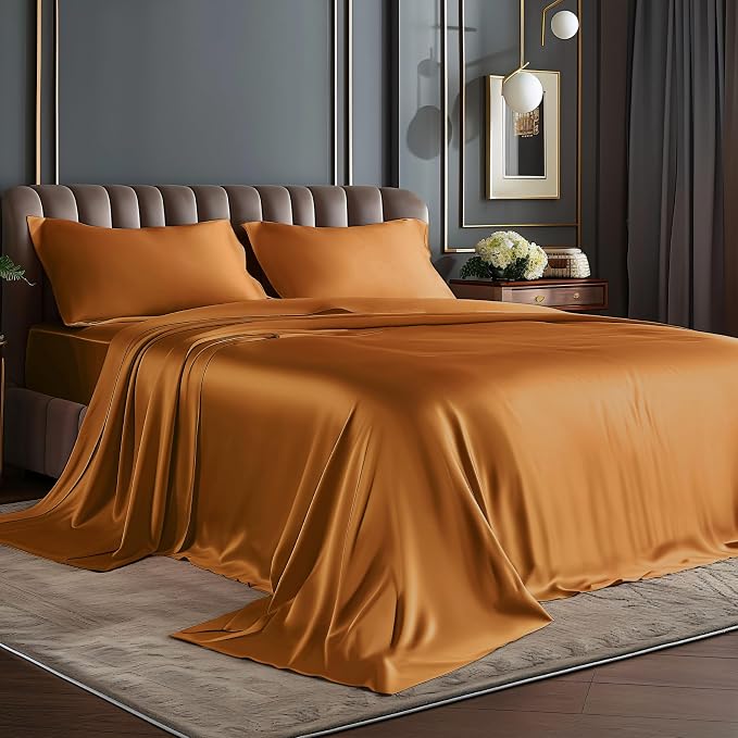 BEDELITE Satin Sheets Queen Size Bed Set, Burnt Orange, 4 Pieces | Luxury Silky Bed Sheets, 15 Inch Deep Pocket, Similar to Silk, Soft and Cooling, Reduces Friction, Gentle on Hair and Skin