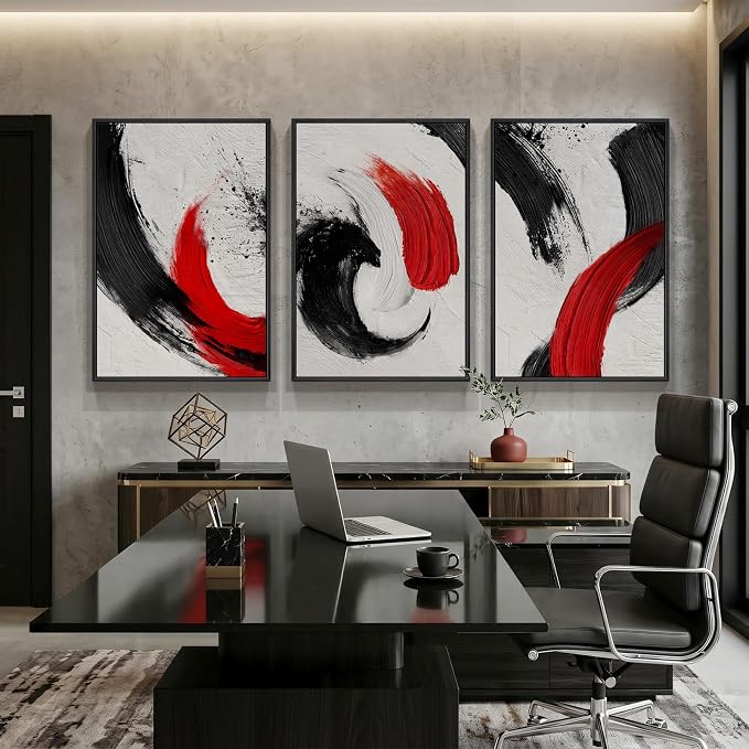 Large Framed Red Black White Abstract Wall Art for Living Room, 3 Piece | Modern Canvas Prints, Minimalist Paintings, Red Black Pictures, Abstract Artwork, Bedroom Hallway Office Wall Decor 24x36 In