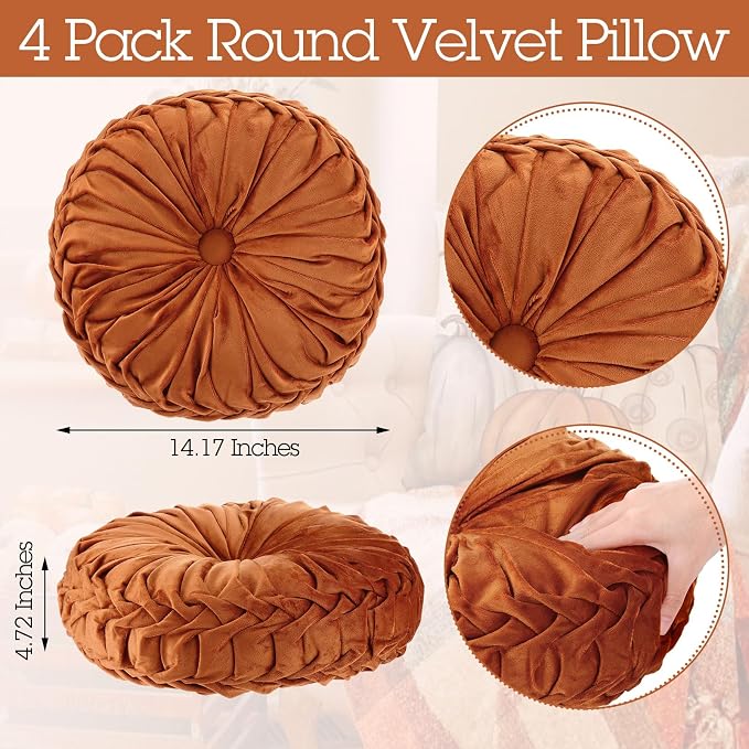 Kathfly 4 Pcs Decorative Round Pleated Throw Pillows, Classy Velvet Pumpkin Round Throw Pillows, Decorative Floor Pillow for Bed Chair Home Sofa Decor, 14" Diameter (Orange)