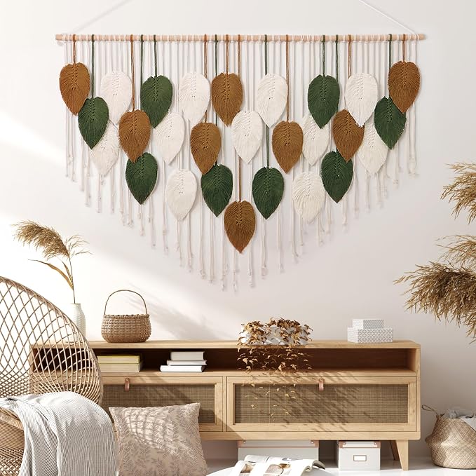 Large Macrame Wall Hanging Boho Woven Tapestry Chic Home Decor Wall Art | KHOYIME Modern Bohemian Handmade Leaf Feather Decorations for Apartment Living Room Bedroom Nursery Backdrop 51.5"W X 33.5"L