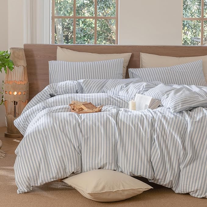 MooMee Striped Duvet Cover Set 100% Washed Cotton Linen Like | Relaxed Linen-like Texture. Soft, Breathable & Long-lasting Comfort. Lightweight. Hidden Zipper with 8 Interior Corner Ties