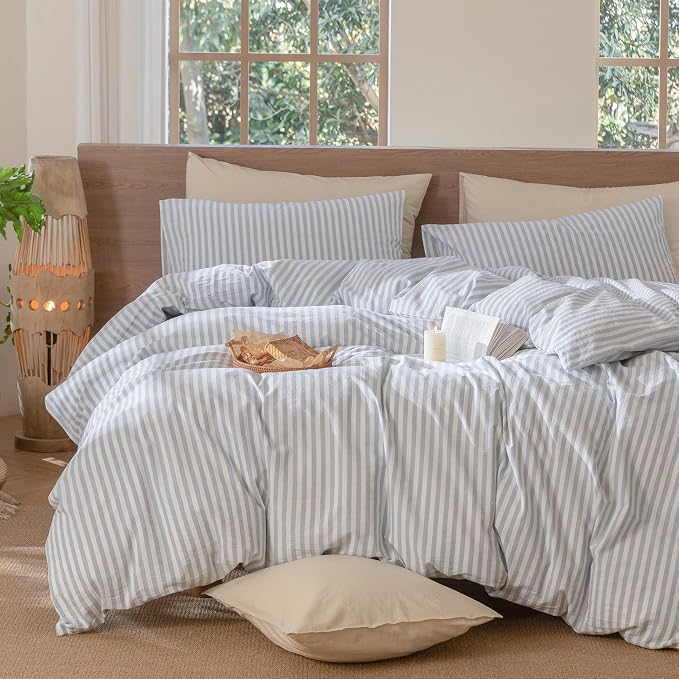 MooMee Striped Duvet Cover Set 100% Washed Cotton Linen Like Queen | Relaxed Linen-like Texture. Soft, Breathable & Long-lasting Comfort. Lightweight. Hidden Zipper with 8 Interior Corner Ties