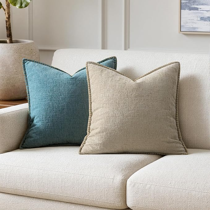 MIULEE Decorative Couch Throw Pillow Covers 20x20 Inch Light Taupe 2 Pack | Neutral Farmhouse Pillow Covers with Stitched Edge, Soft Chenille Cushion Cases, for Sofa Bed Living Room Home Decor