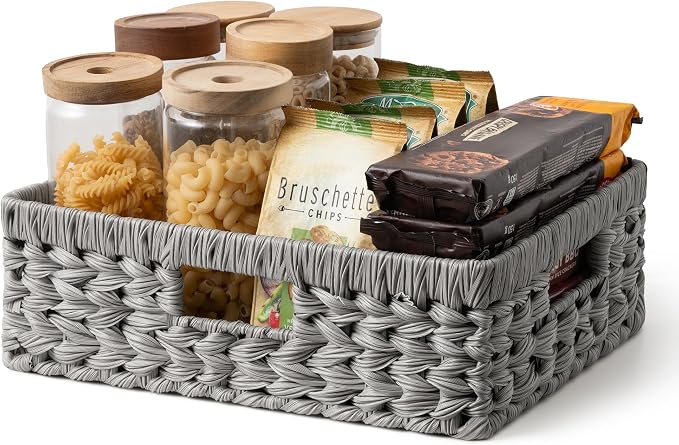 GRANNY SAYS Wicker Storage Basket for Shelves,Waterproof Gray Basket,1-Pack | Handwoven Wicker Baskets for Organizing, Plastic Rectangle Basket, Woven Basket for Storage, Pantry Basket, Decorative Basket