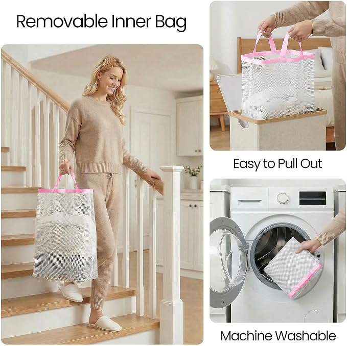 efluky Slim Laundry Basket with Lid, Narrow Laundry Hamper with Removable Bag, Skinny Dirty Clothes Basket with Bamboo Handles for Bathroom, Bedroom & Laundry Room, 65L Pink