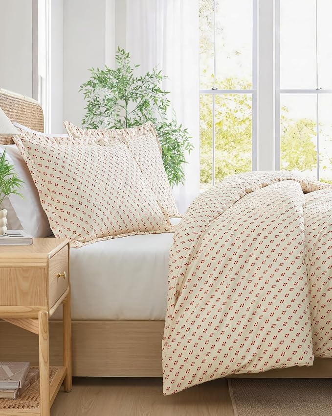Duvet Cover Full - Floral Duvet Cover - 3 Piece - Vintage Red Floral | Soft Floral Duvet Cover 80 x 90 with 2 Pillow Shams, Zipper Closures & Ties, Floral Bedding for Women, Men, Kids & Teens
