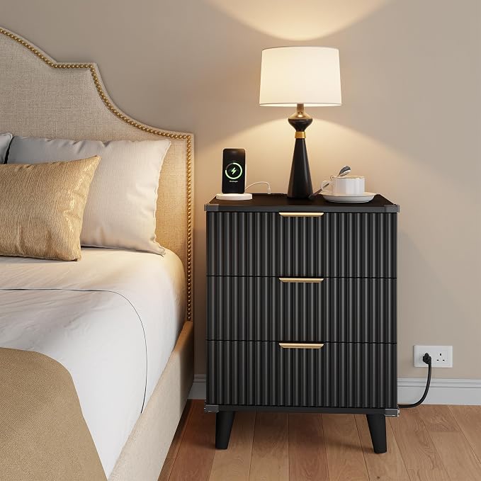 Wood Nightstands Set of 2 w/Charging Station, 3 Drawers Fluted Dresser | Black, Large Drawers, Metal Silent Rails, FSC Wooden, Sturdy Legs, Modern Fluted Panel, Living Room, Bedside Table