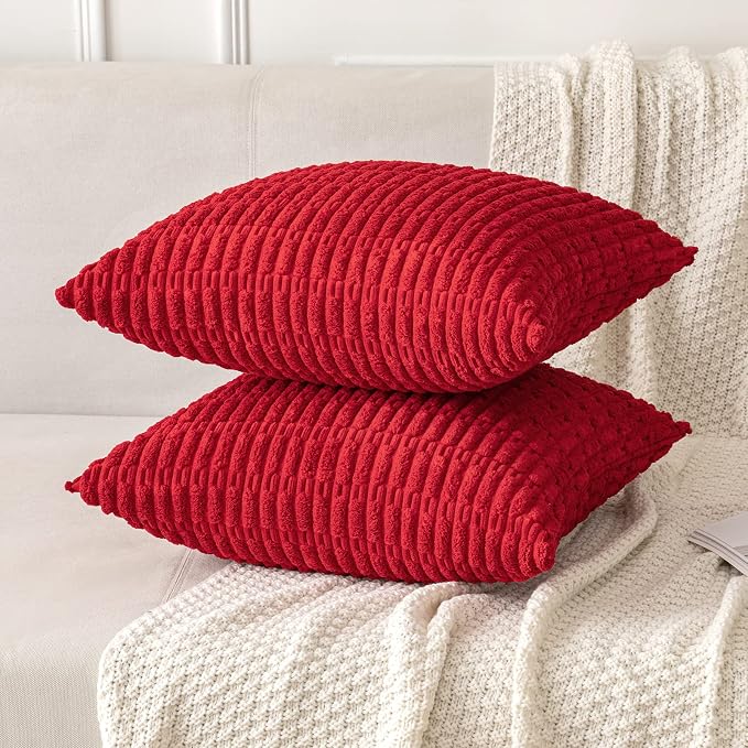 MIULEE Corduroy Decorative Throw Pillow Covers 18x18 Red Pack of 2 | Soft Boho Striped Pillow Covers Modern Farmhouse Home Decor For Sofa Living Room Couch Bed