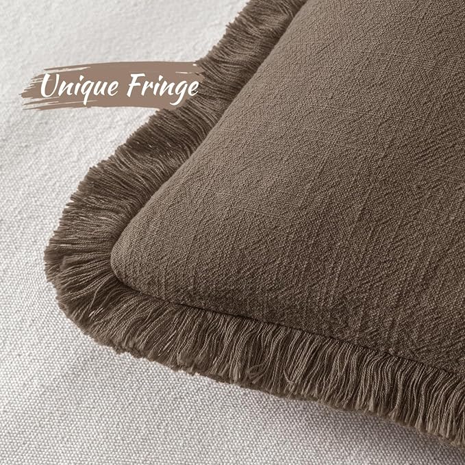MIULEE Linen Fringe Decorative Fall Pillow Covers Chocolate Brown 26x26 | Set of 2, Cottagecore Decor, Boho Farmhouse Neutral Pillow Covers, Rustic Fall Couch Cushion Cases for Sofa Bed Living Room
