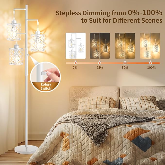 68" Industrial Tree Floor Lamp, Dimmable Farmhouse Tall Stand Light with Metal Cages & Rotary Dimmer Knob, Corner Decor Lighting for Living Room Bedroom Cafe, 3 x 800LM Bulbs Included-White