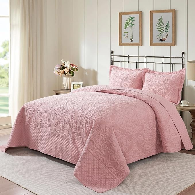 Quilt Bedspread Set, Pink Jacquard Embossed Floral Pattern Reversible Embroidered Microfiber Coverlet Sets, Queen Size