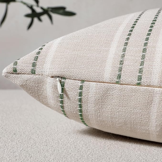 Hckot Sage Green Throw Pillow Covers 20x20 Set of 2 Striped Pillow Covers | Textured Linen Pillow Covers Christmas Farmhouse Decor Cushion Covers for Couch Bed Living Room Green Decorative pillows