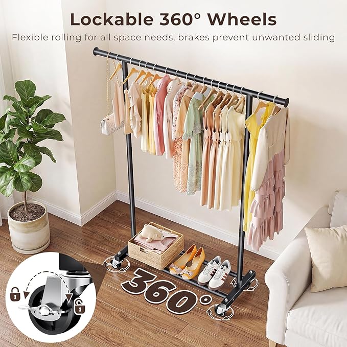 Clothing Rack for Hanging Clothes, 45" Wide Rolling Clothes Rack, Metal Garment Hanger Rack with Wheels, Portable Coat Rack Wardrobe Rack for Bedroom Laundry, Black