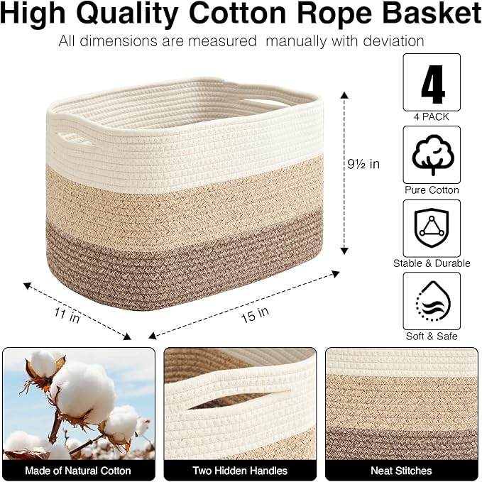 ICERZCZ Storage Baskets for Organizing & Shelves, Woven Cotton Rope Organization Bins for Dog Toys, Clothes, Books, Nursery Organizer, 15"Lx11"Wx9.5"H, (4 Packs) Gradient Brown