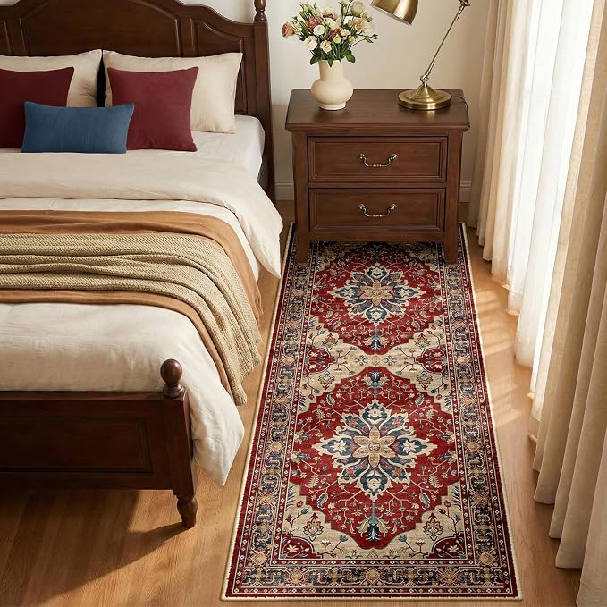 RELEANY Washable Area Rug, Runner 2'x6', Red/Blue | Non-Slip, Water Repellent, Pet Friendly, Easy to Clean, Vintage Floral Boho Decor for Kitchen Entry Bedroom Bedside Laundry
