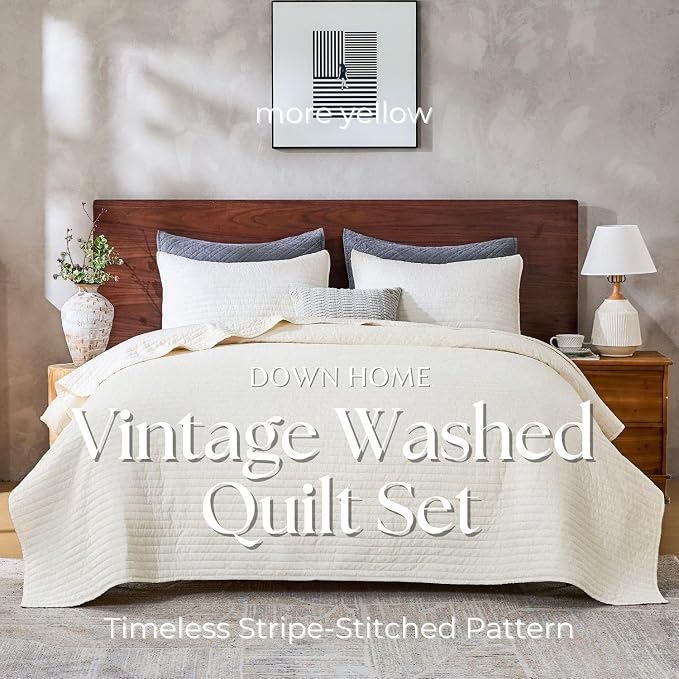 DOWN HOME Twin Quilt Bedding Set with Sham, Vintage Washed Soft Quilted Blanket Thin Comforter Lightweight Bedspread Coverlet Bed Cover, Brushed Microfiber Stripe Stitching, Linen White, 66"x92"